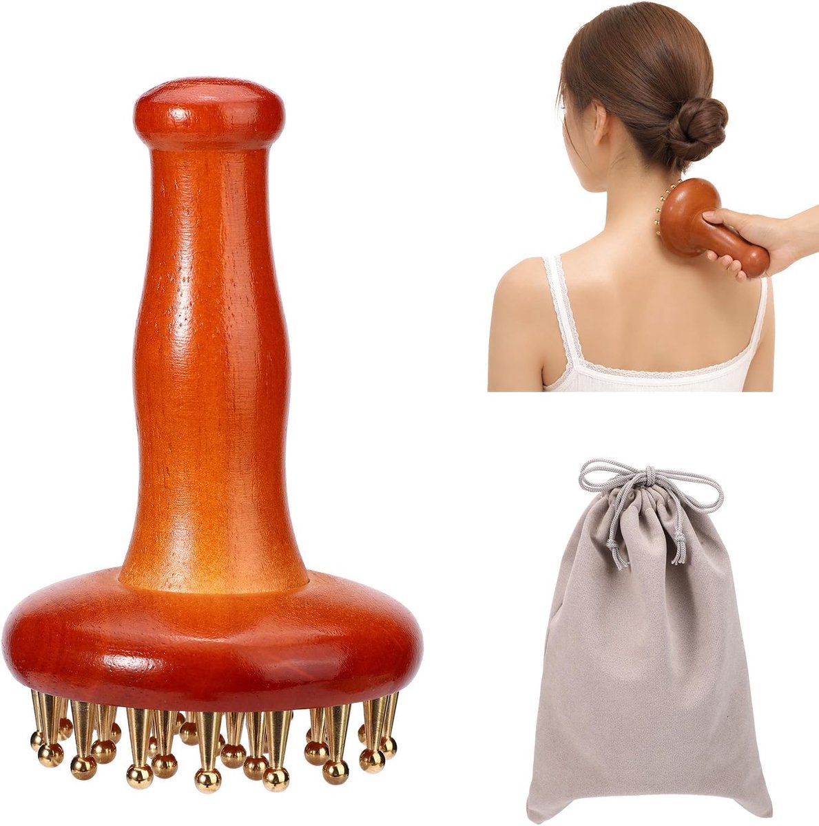 Meridiaanmassageborstel met 29 Koperen Balletjes en Ergonomische Handgreep, Meridiaanmassagekam met Opbergtas Chinees Spa-Gua Sha-Instrument voor Hoofd Nek Rug Armen en Benen