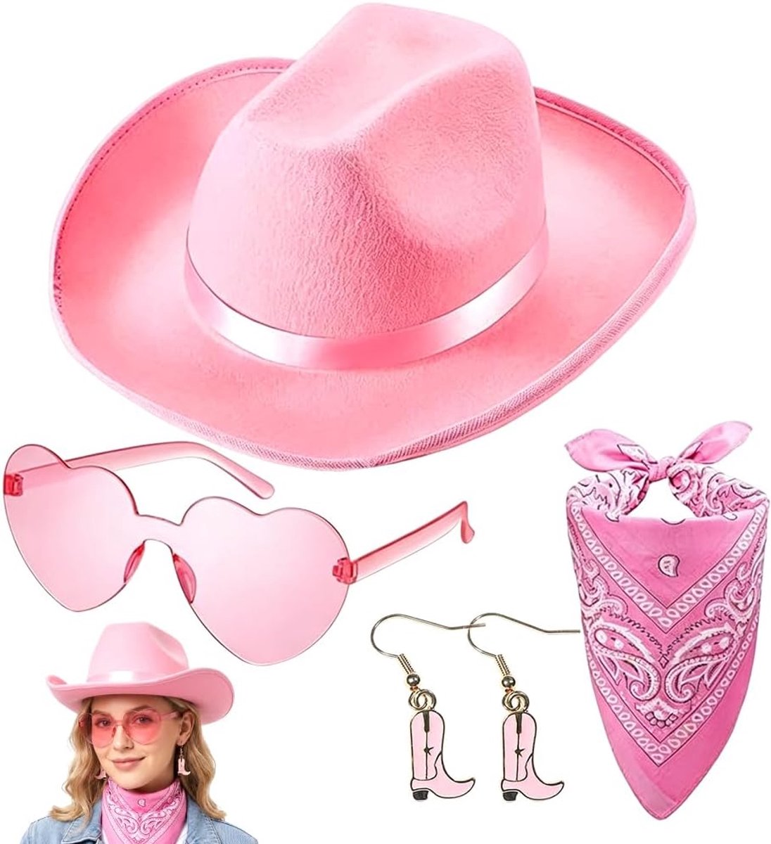Cowboyhoed voor dames, 4 stuks cowgirl-hoedenset met bandana, zonnebril, oorbellen, cowboyhoeden met brede rand, westerse cowgirlkostuum, accessoire, verkleedkostuum voor carnaval en Halloween