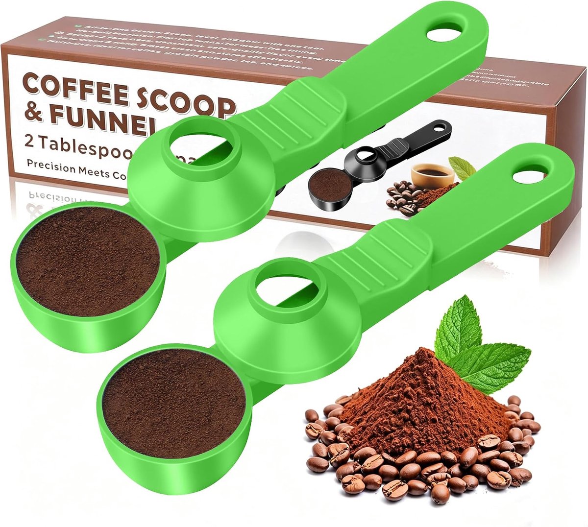2-in-1 koffieschep met trechter, 2 theelepels maatlepel voor herbruikbare K-kopjes, gemalen koffie, eiwitpoeder en thee, rommelvrij plastic ontwerp (groen, 2 stuks)