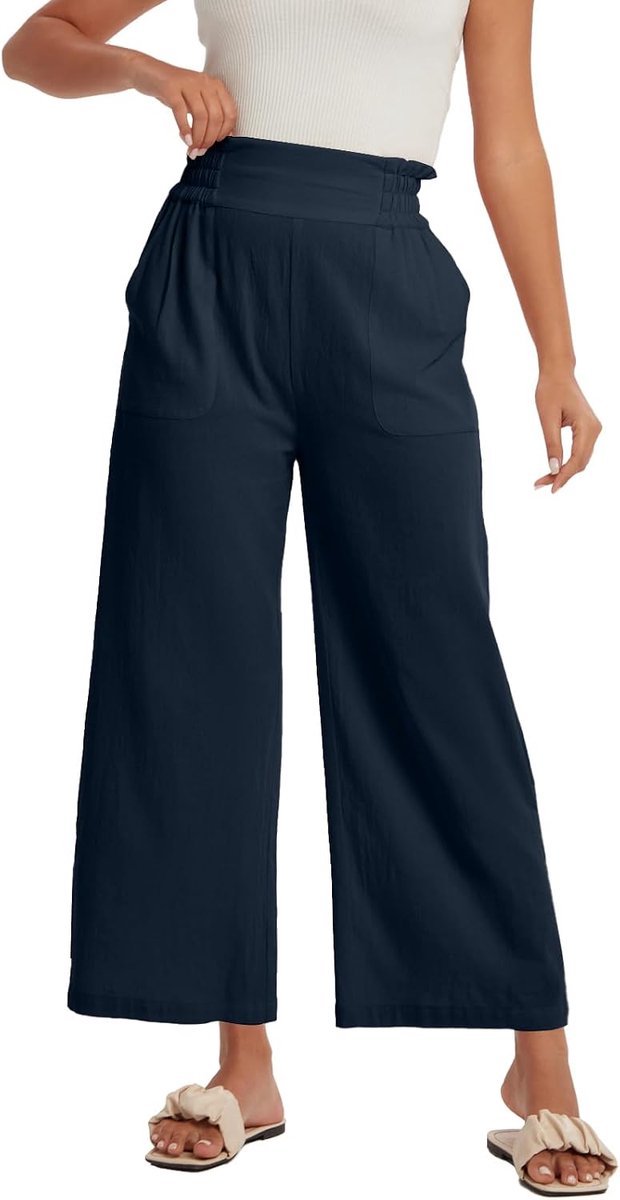 Umes Zomerbroek van katoen voor dames met wijde snit en brede pijpen, Palazzo-broek voor dames met elasticiteit en zakken
