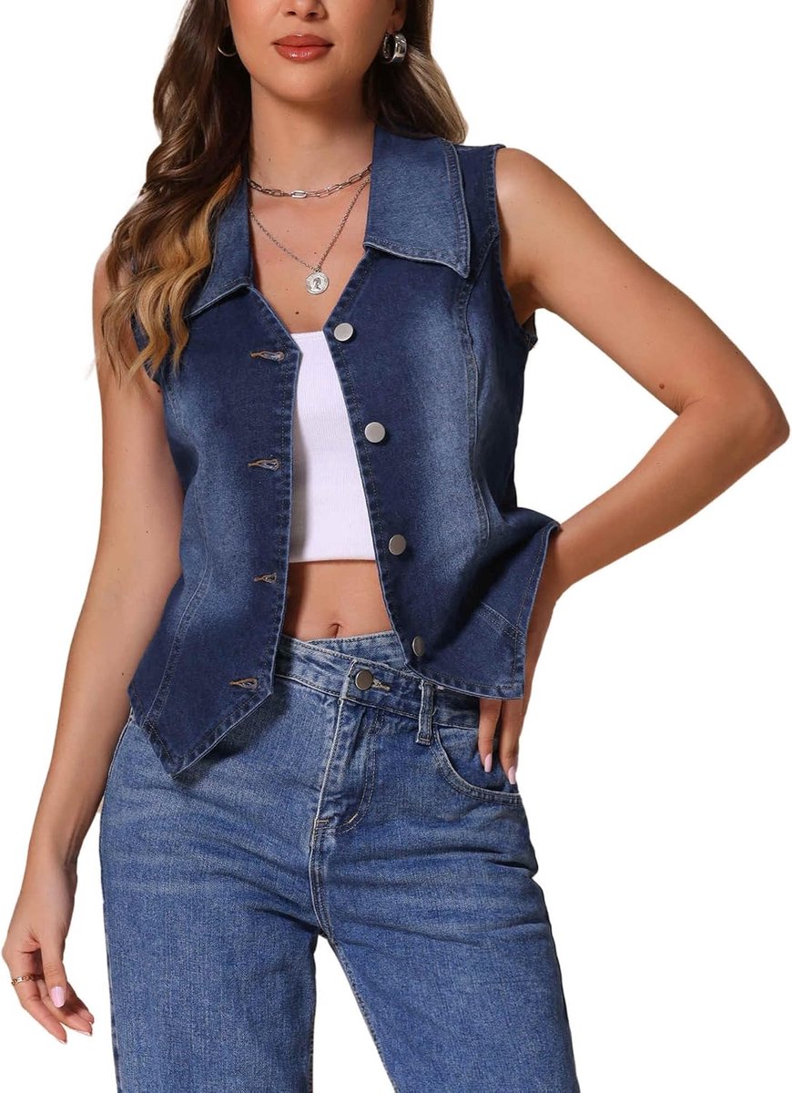 K Dames jeansvest mouwloos met kraag V-hals knoopsluiting korset bustier denim jeansjack