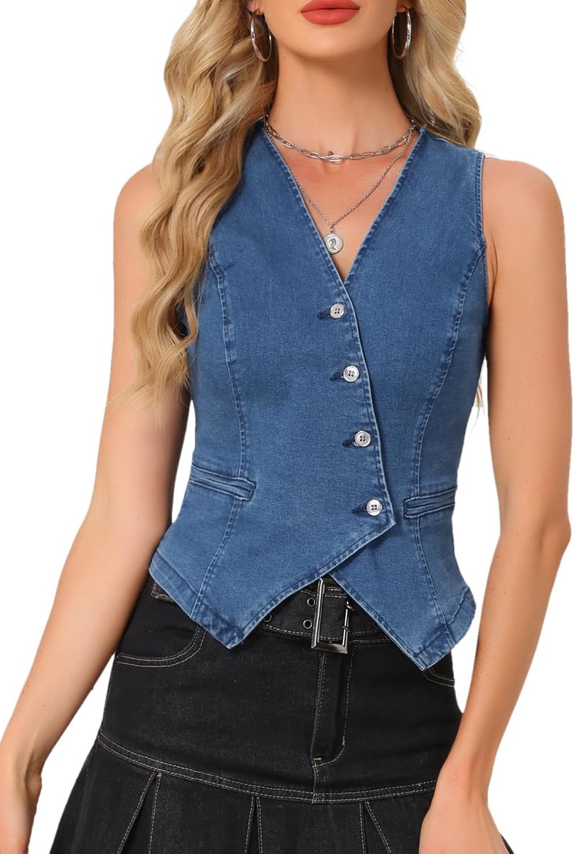 K Kort jeansvest voor dames, V-hals, knoopsluiting, vintage, casual