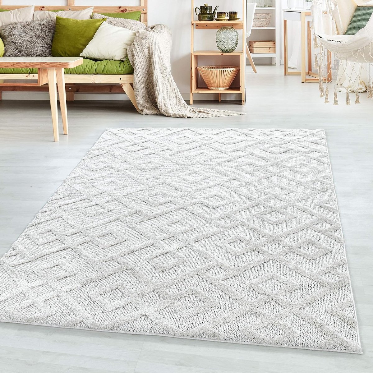 Vloerkleed, Geometrisch ontwerp, Vloerkleed Creme, 60 x 110 cm, Tapijten in boho-stijl, Tapijt woonkamer