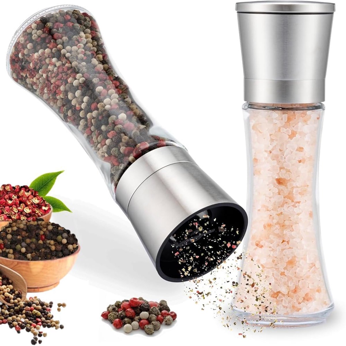 Set van 2 zout- en pepermolen, peper- en zoutmolen, kruidenmolenset met verstelbaar keramisch maalwerk, roestvrijstalen kruidenmolen voor specerijen, peper, zout en chili