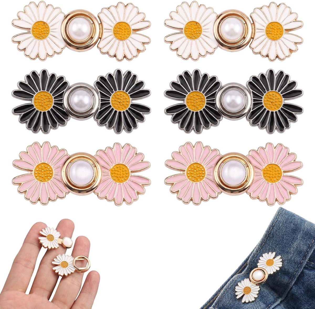 6 paar broek strakker maken clip, madeliefjes jeansknopen om in te steken, verstelbare taillepin voor broeken en rokken, broekband strakker maken zonder naaien, afneembare jeansspelden, goud, zilver