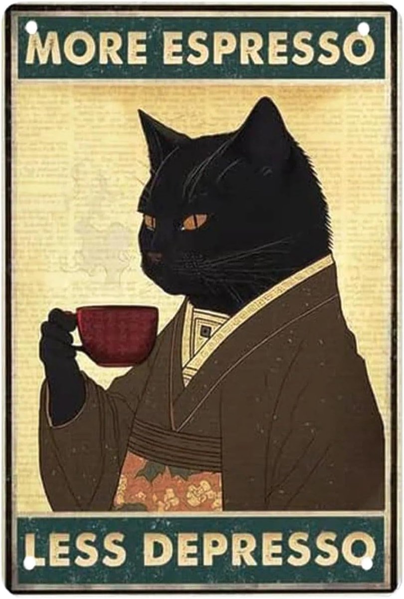 Metalen Tin Bord, Vintage Poster Grappige Zwarte Kat Koffie Retro Plaqu Poster Muurkunst Print Decoratie 30 x 20 cm Inch voor Thuis Bar Badkamer Deur Winkel Keuken Decoratie Verjaardag Jongen
