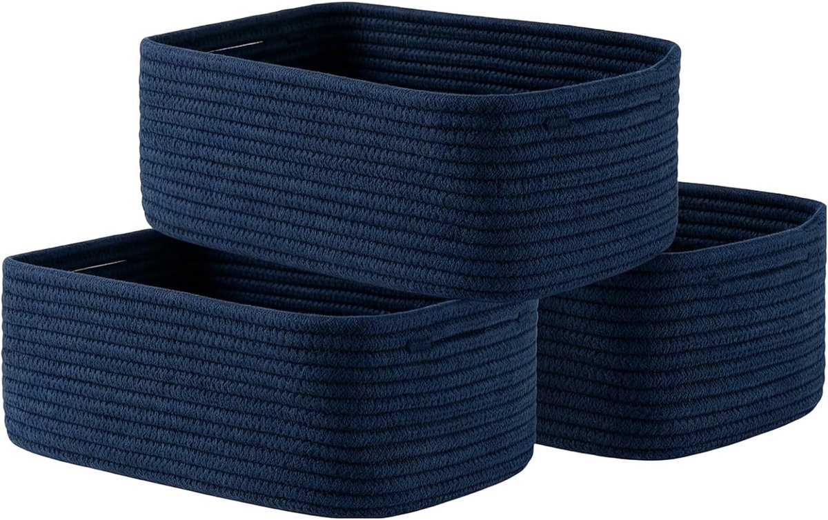 Katoenen touw, opbergmanden, set van 3 met handgrepen, opvouwbaar, stapelbaar, van veilig natuurlijk materiaal, voor badkamer, kinderkamer en woonkamer, donkerblauw