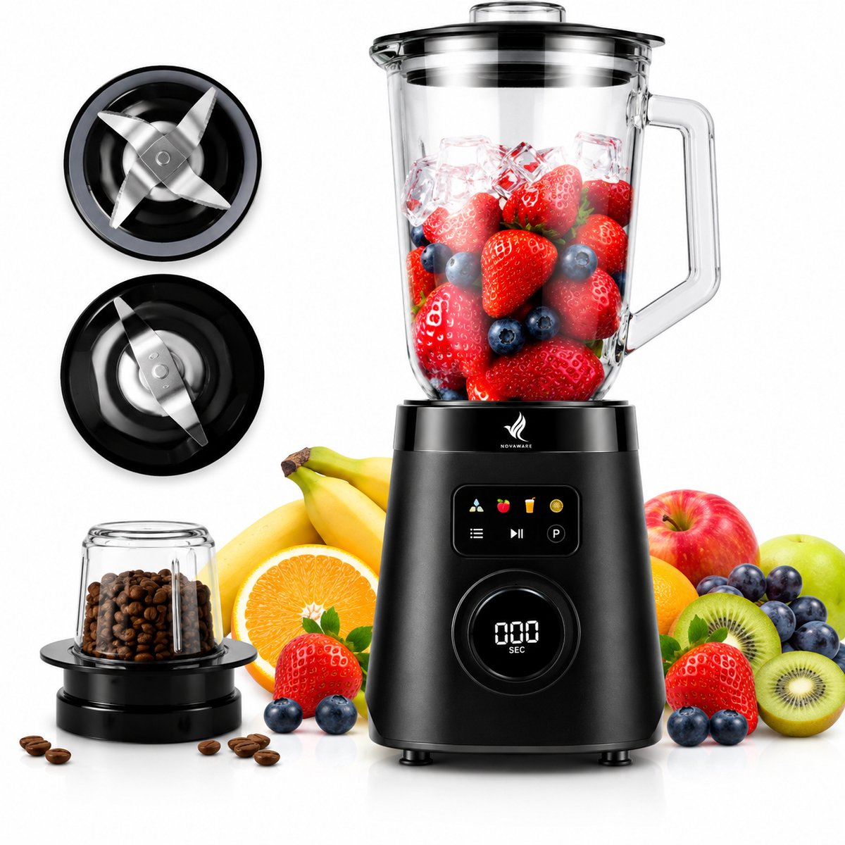 NovaWare Blender – 1.5L – Met Koffiemolen 250ML - Smoothie Maker - 1000W - Met Display - Glas - Zwart