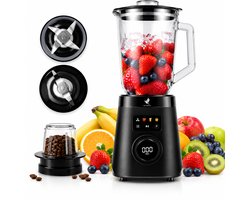 NovaWare Blender – 1.5L – Met Koffiemolen 250ML - Smoothie Maker - 1000W - Met Display - Glas - Zwart