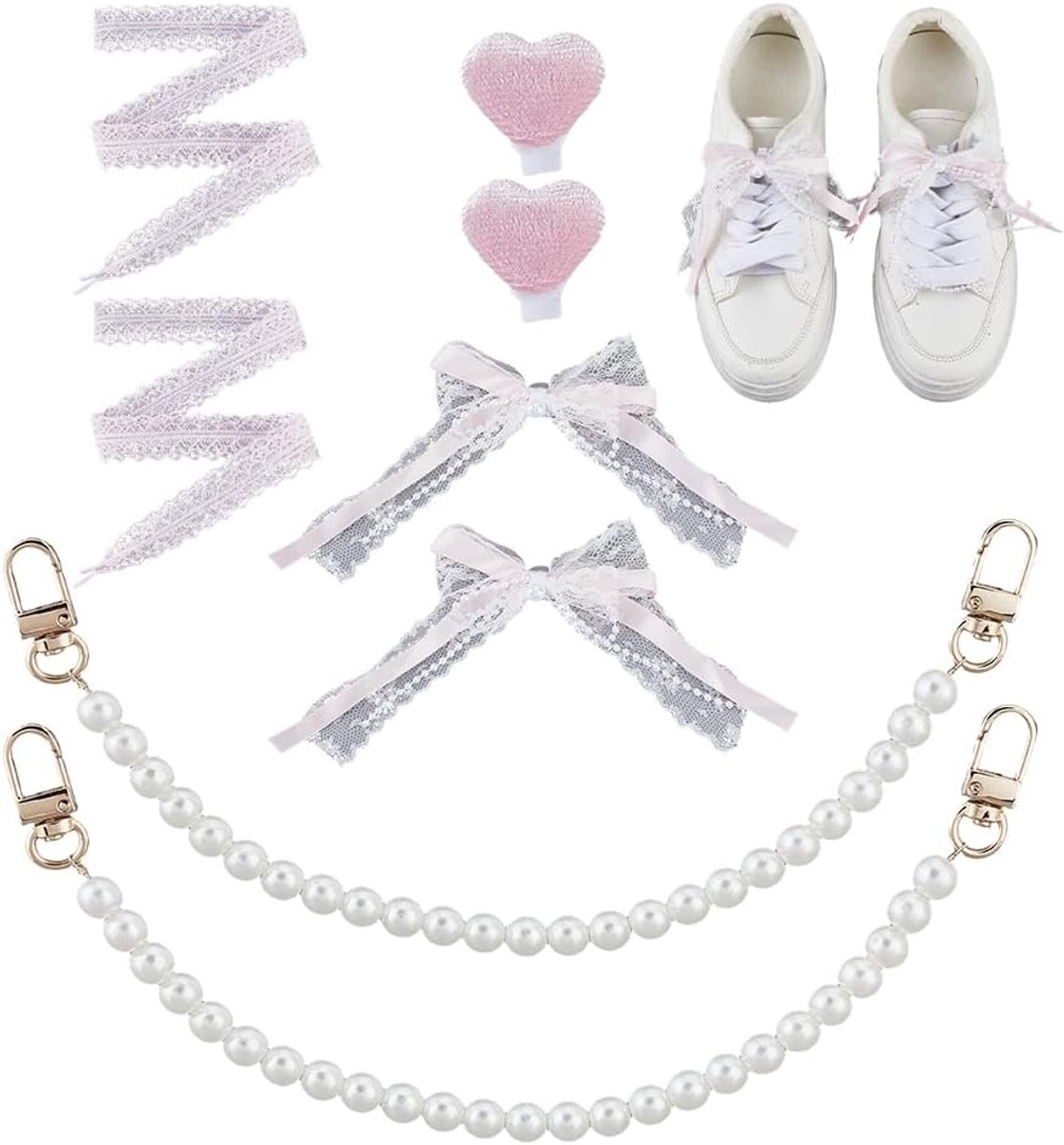 Bedels voor sneakers schoenbedels kant schoenveter dubbellaagse parelstrikken charme parelhak kettingen hart schoenen clip voor vrouwen sneaker laarzen schoenen