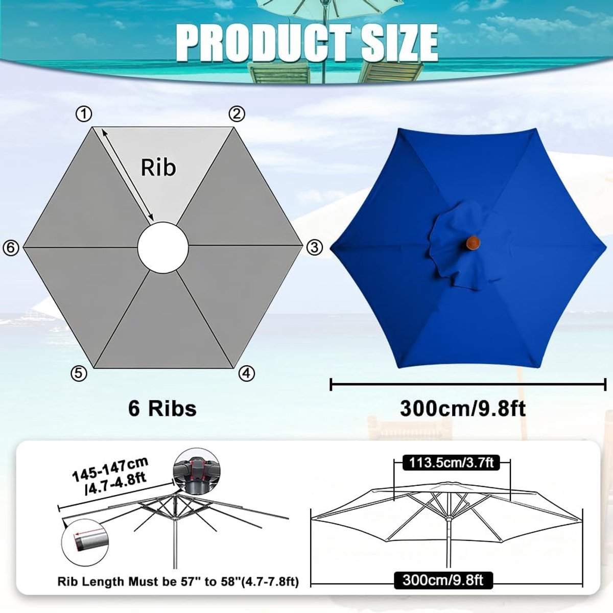 Reservehoes voor parasol, 300 cm, 6 stangen, koningsblauw