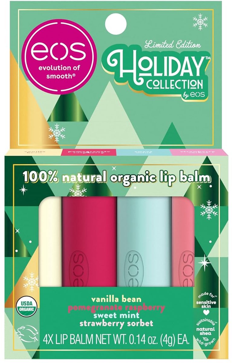 eos Holiday Lip Balm 4 Pack raspberry cloud + blackberry bellini + vanilla bean + sweet mint