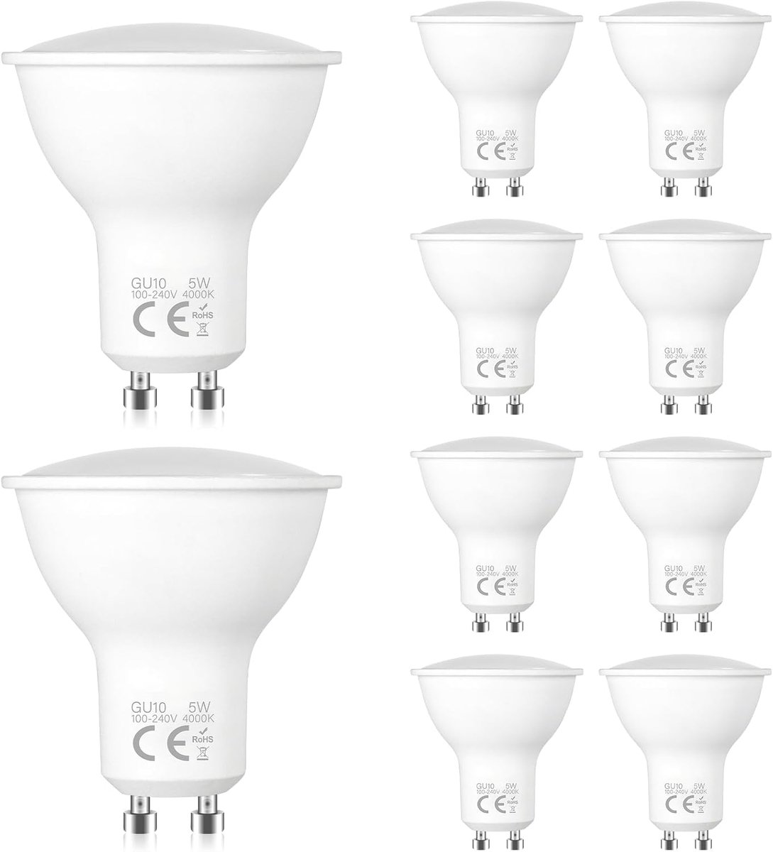 10 stuks 5 W GU10 ledspots, neutraal wit 4000 K, 5 W komt overeen met 50 W halogeenlamp, 120 graden stralingshoek, laag energieverbruik, geschikt voor plafondhanglampen, inbouwlampen, keuken