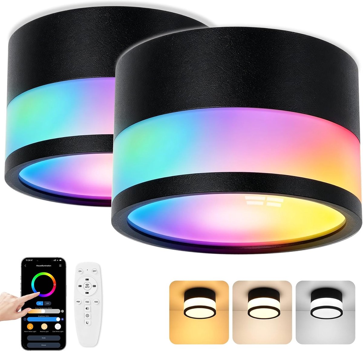 2 x led-spots, dimbaar, RGB, IP65, plafondlamp spot met afstandsbediening APP, 12 W, plafondspot, zwart, 2700 K-6500 K, plat, aluminium, 220 V, rond, plafondlamp, badkamer, Ø 109 mm