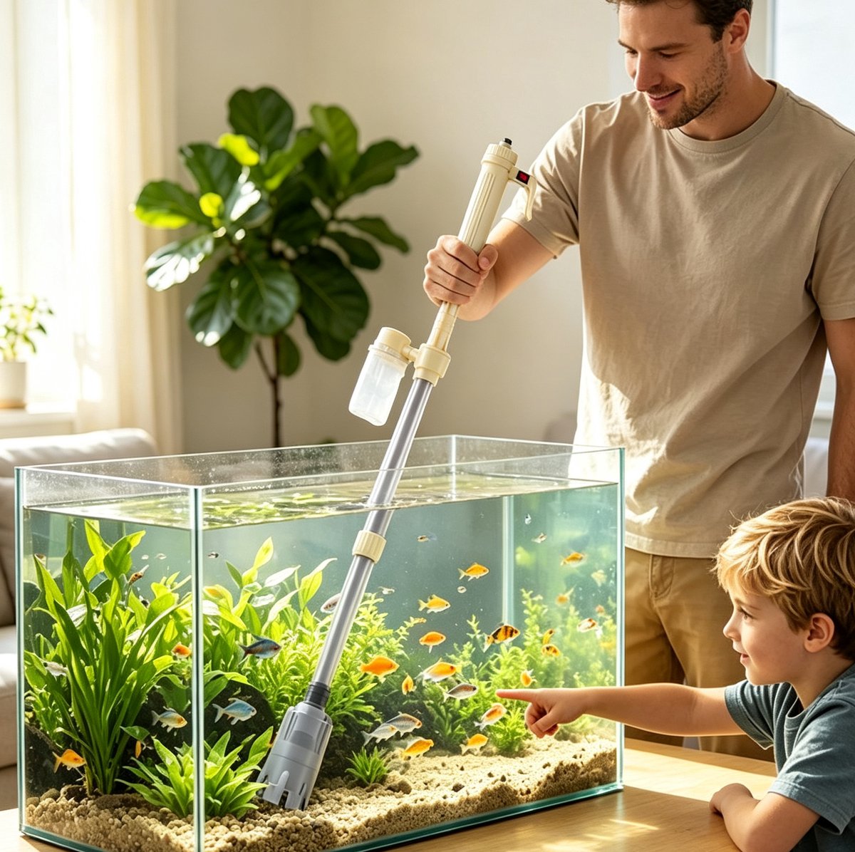Electric Aquarium Water Changer & Gravel Cleaner with Powerful Suction-Combines Automatic Water Changing Debris Removal and Gravel Cleaning Functions Adjustable Length (60–95 cm)Beige
