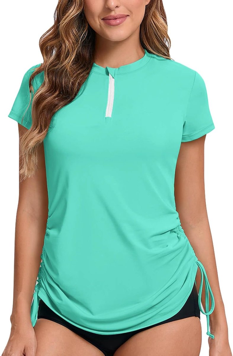 Rash Vest Korte Mouw Rash Guard 1/4 Zip Front UV Swim Top Sneldrogende Zwemshirts Verstelbare Zoom UPF 50+
