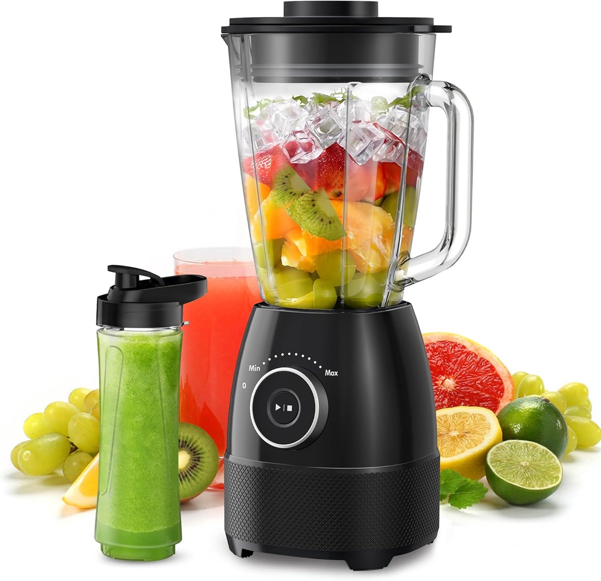 Smoothiemaker, blender, 1500 watt hogesnelheidsmixer, smoothiemaker met glazen reservoir van 1,5 liter, 600 ml flessen, BPA-vrij Tritan, instelbare snelheid voor smoothies, mixen