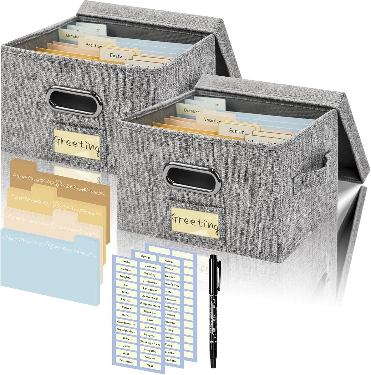 Wenskaarten met 20 verstelbare scheidingsbladen voor kaarten met 84 etiketten, perfect voor wenskaarten, enveloppen en foto's, 2 verpakkingen, grijs