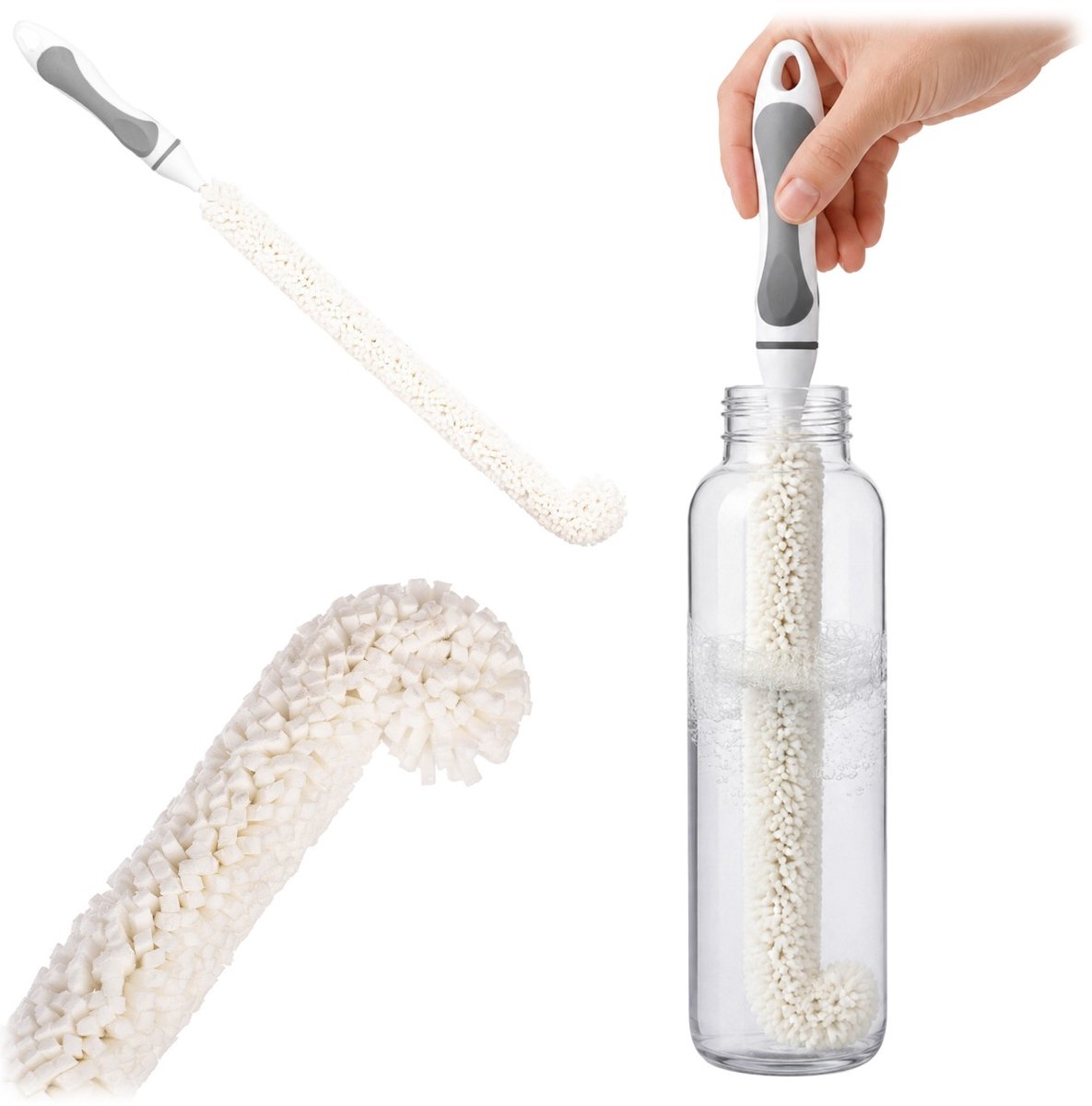 KADAX-flesborstel met een borstelkop van 33 cm lang, borstel voor flessen, reinigingsborstel van 48 cm met gebogen punt voor het grondig reinigen van diepe glazen flessen, flessenreiniger met ophangoog