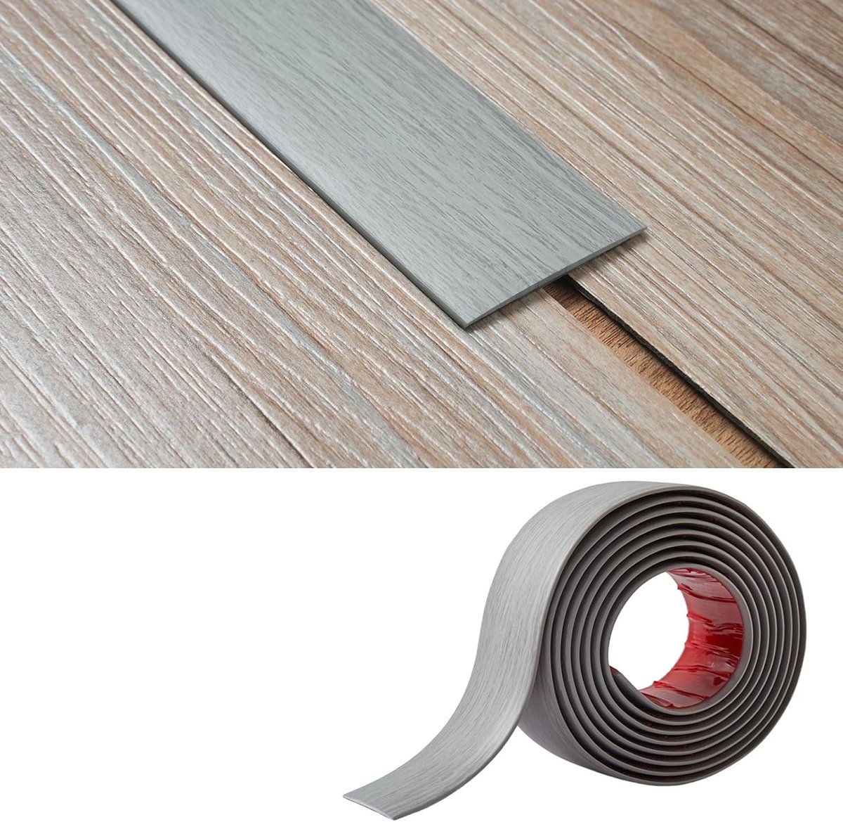 Vloerovergangsstrip (5 cm breed × 2 mm dik), laminaat vloerbedekkingsstrips, zelfklevende deurstang, scheidingsstrip, platte vloerrand, voeglijst (6 m, lichtgrijze houtnerf)