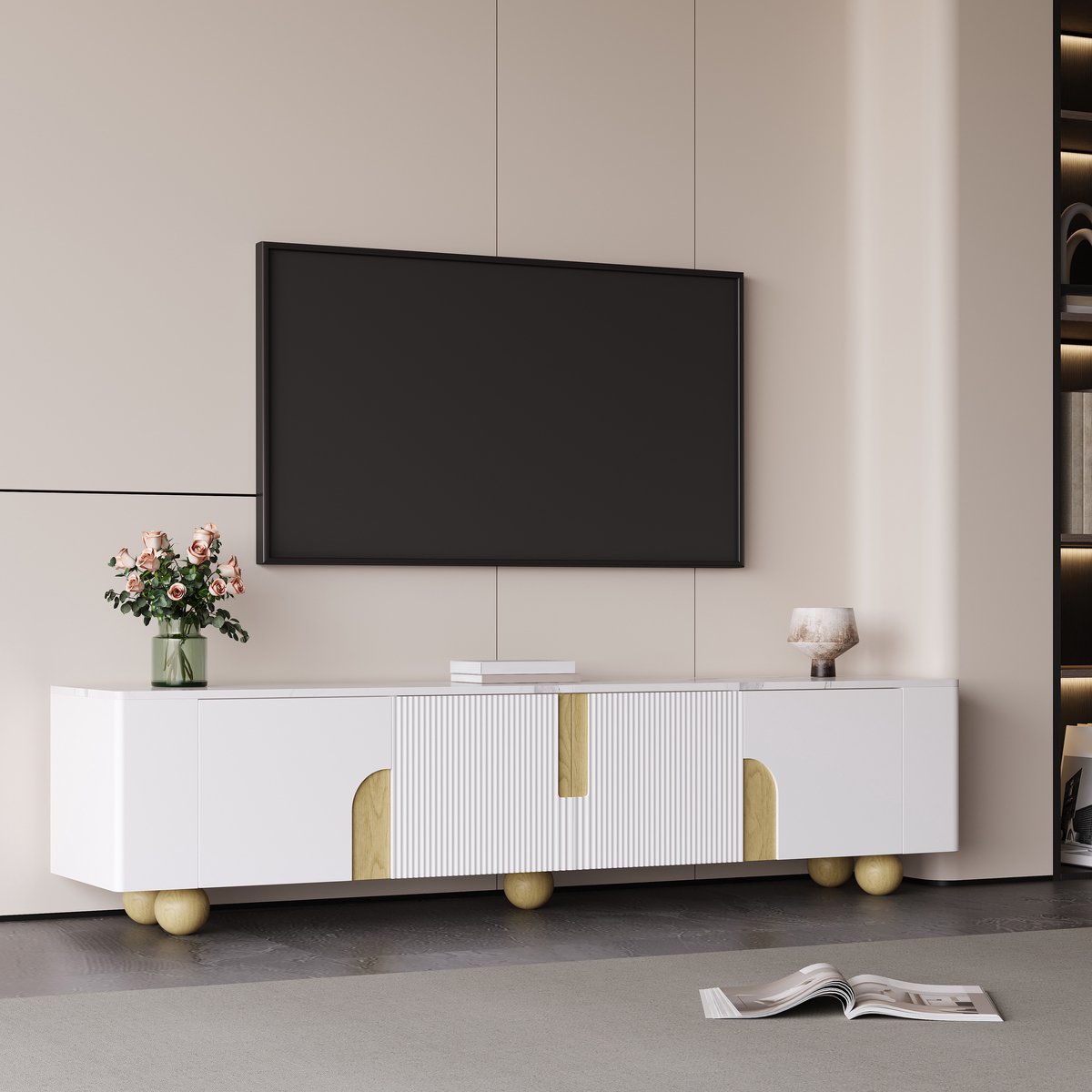 tv meubel wit met marmerlook blad - Voor woonkamer - 180 cm breed - Wit en hout - 4 deuren met verticale groeven - Bolvormige houten poten - Soft-close scharnieren