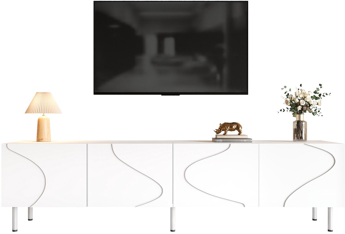 Zubaliya tv meubel Wit 170 cm - 3D-gegolfde deuren met push-to-open - 4 opbergvakken en geïntegreerd kabelmanagement - Stabiele metalen cilinderpoten