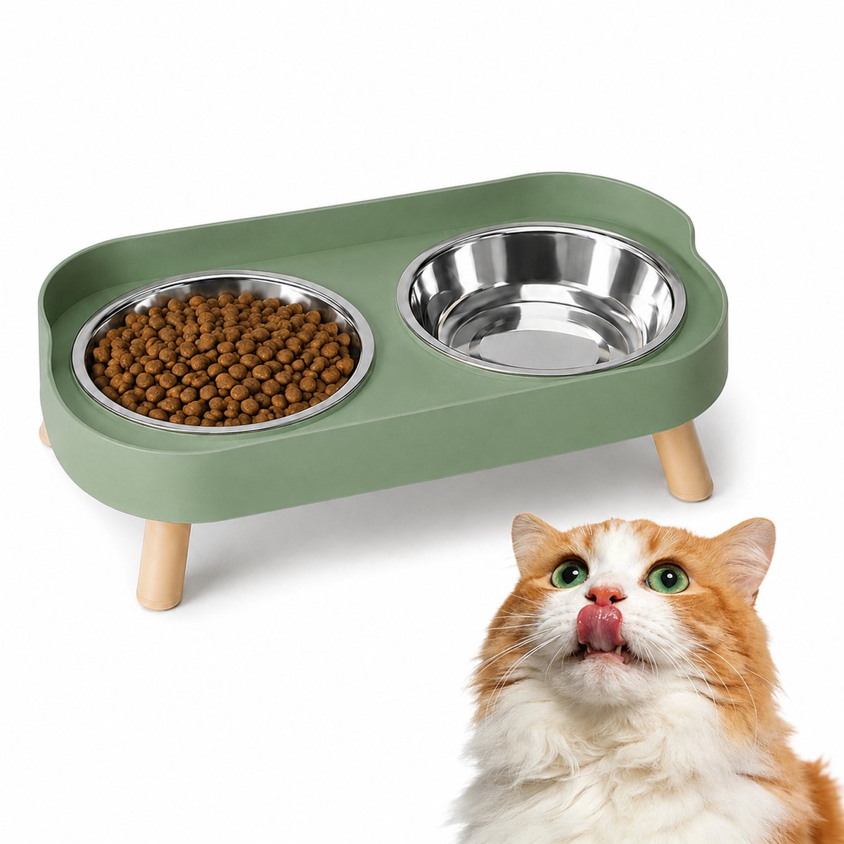 Voerbak - Verhoogde Voerbak voor Huisdieren – Dubbele Roestvrijstalen Voerbakken met Standaard – Spatbestendige – Verhoogde schalen – Voor voer en Water – Geschikt voor Katten – Honden – Kittens en Puppy'sa – Groen