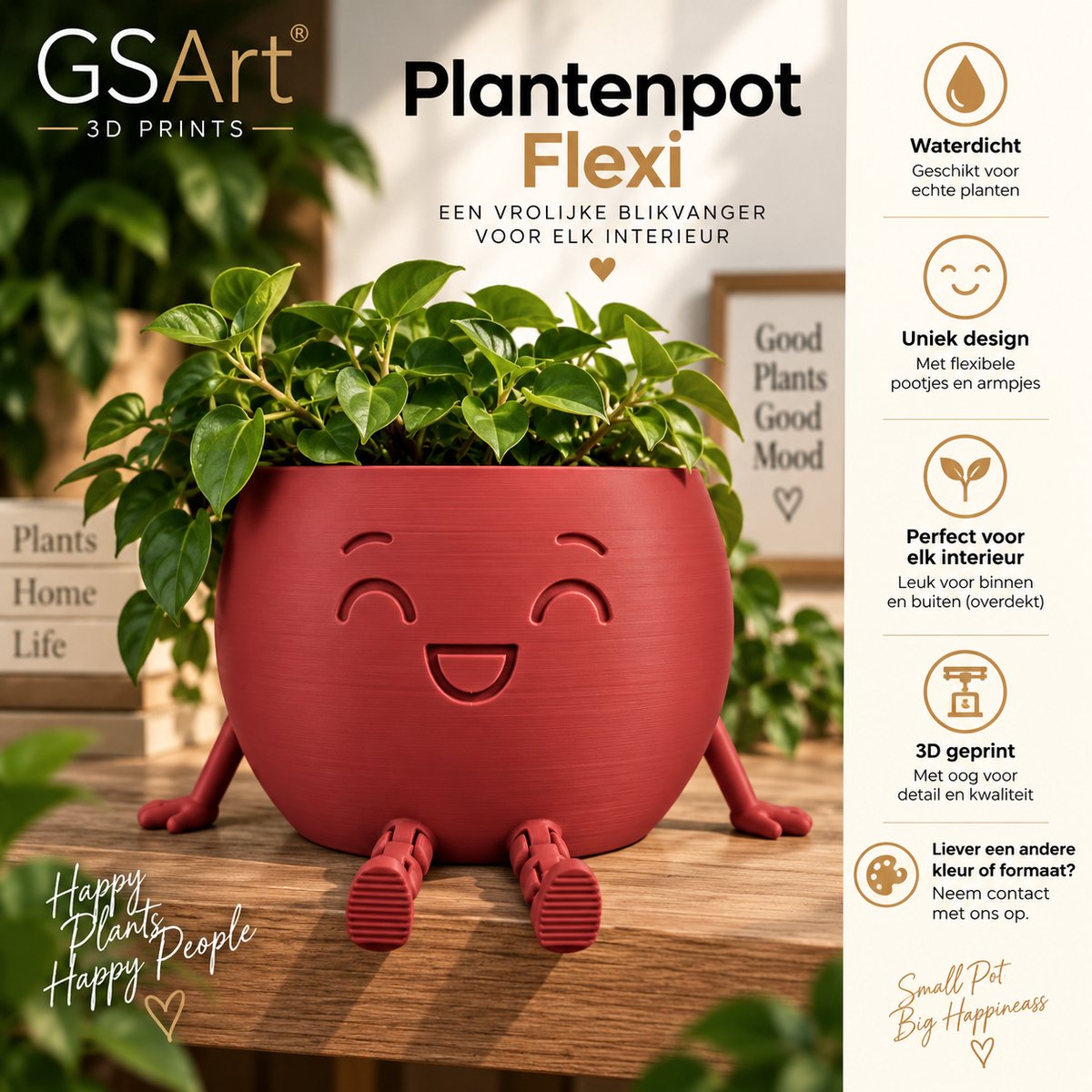 GSArt Plantenpot Flexi – Waterdichte 3D Geprinte Bloempot met Flexibele Benen - Mat Donkerrood