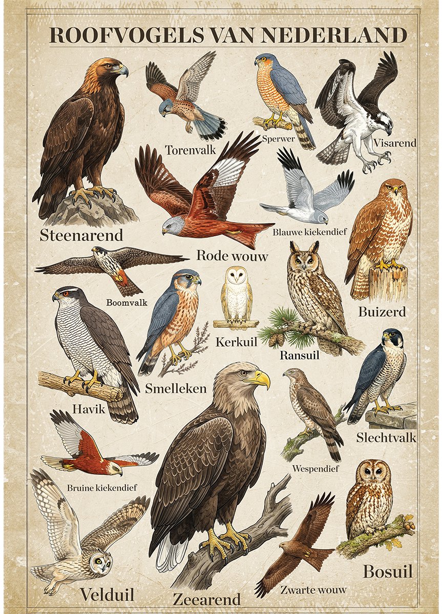 Kleurmedia Vintage Poster Roofvogels van Nederland - 61 x 91,5 cm - Kleurmedia® Retro Botanische Collectie 2026 - Posters met Nederlandse Benamingen A1