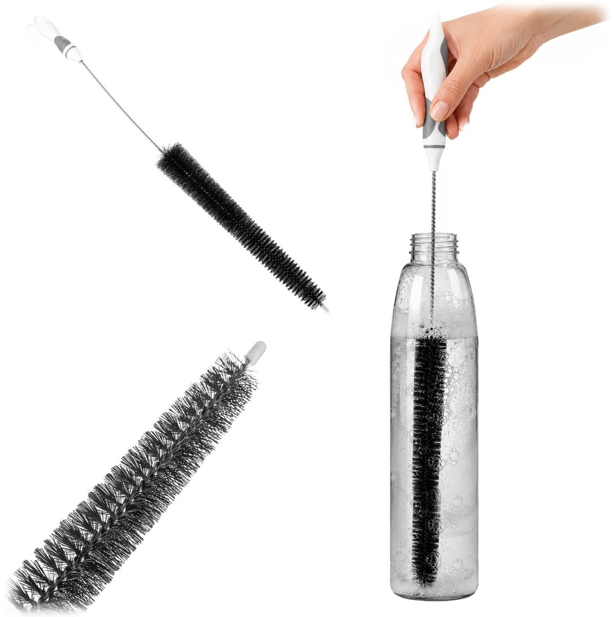 KADAX flessenborstel 75 cm, extra lange borstel met een borstelkop van 35 cm; reinigingsborstel voor het schoonmaken van diepe flessen, karaffen en hoge vazen; afwasborstel met metalen steel en ophangoog