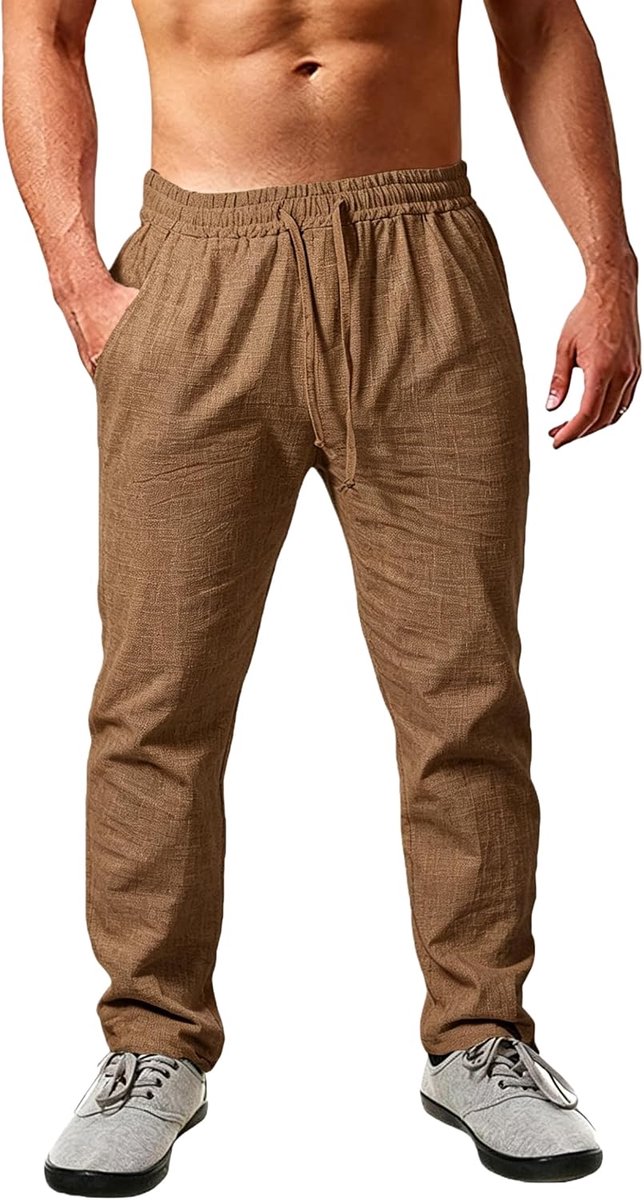 Linnen broek heren lange lichte zomerbroek losse fit vrijetijdsbroek met trekkoord zakken voor vakantie strand dagelijks gebruik
