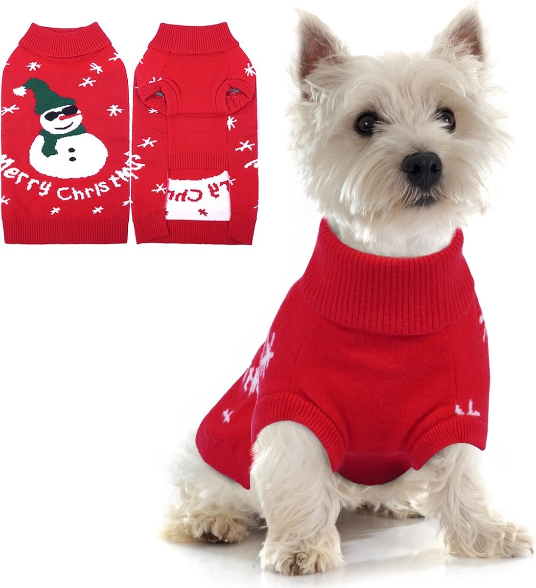 Kersttrui voor honden, knusse sneeuwpoptrui, kleine, warme wintertrui met harnasgat voor Pommeren, mini-teckel, rood, S