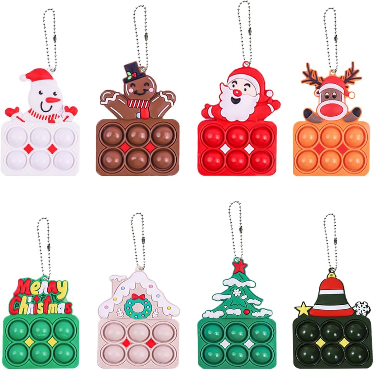 8 stuks pop-sleutelhangers, pop fidget-speelgoed met sleutelhanger, kerstsleutelhanger, Pop It sleutelhanger, anti-stress speelgoed voor kinderen en volwassenen, feestcadeaus