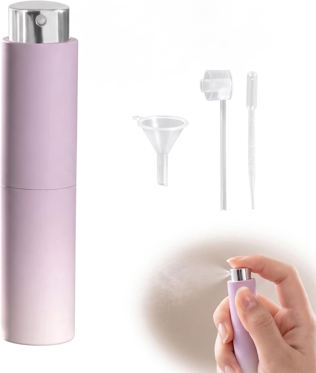 8 ml parfumverstuiver, navulbaar, draaibare en uittrekbare reisparfumverstuiver voor onderweg, lekvrije mini-parfumverstuiver met 3-delige vulset, paars-wit