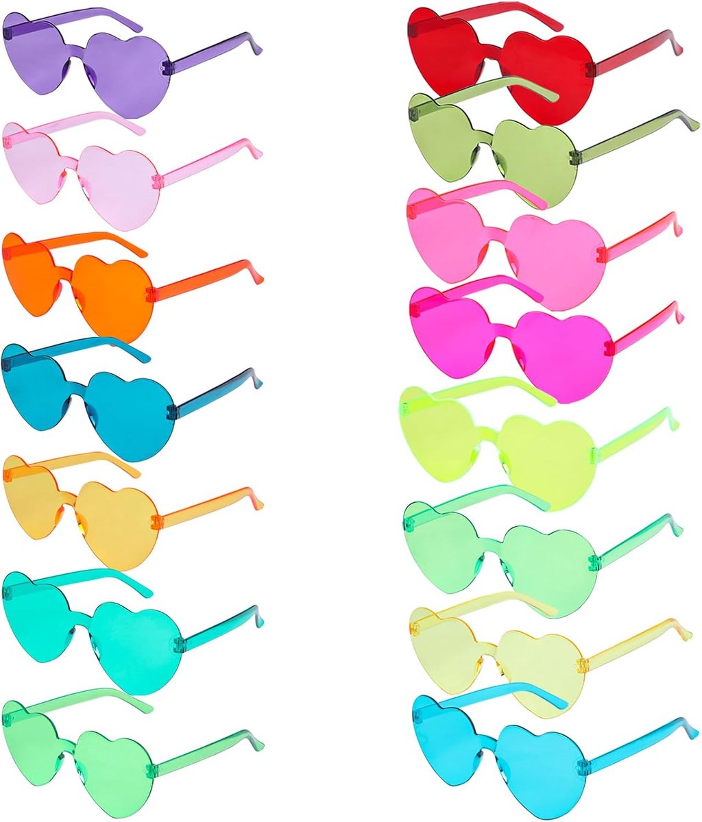 15 stuks hartvormige glazen, randloze zonnebrillen, kleur hartvormige partybril, kostuumaccessoires voor carnaval, strandfeest, Kerstmis