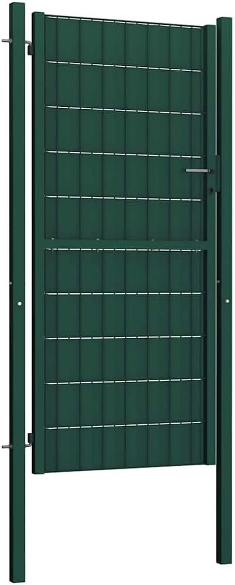 Hekpoort van pvc en staal groen 100 x 204 cm met twee palen en scharnieren voor tuin of terras