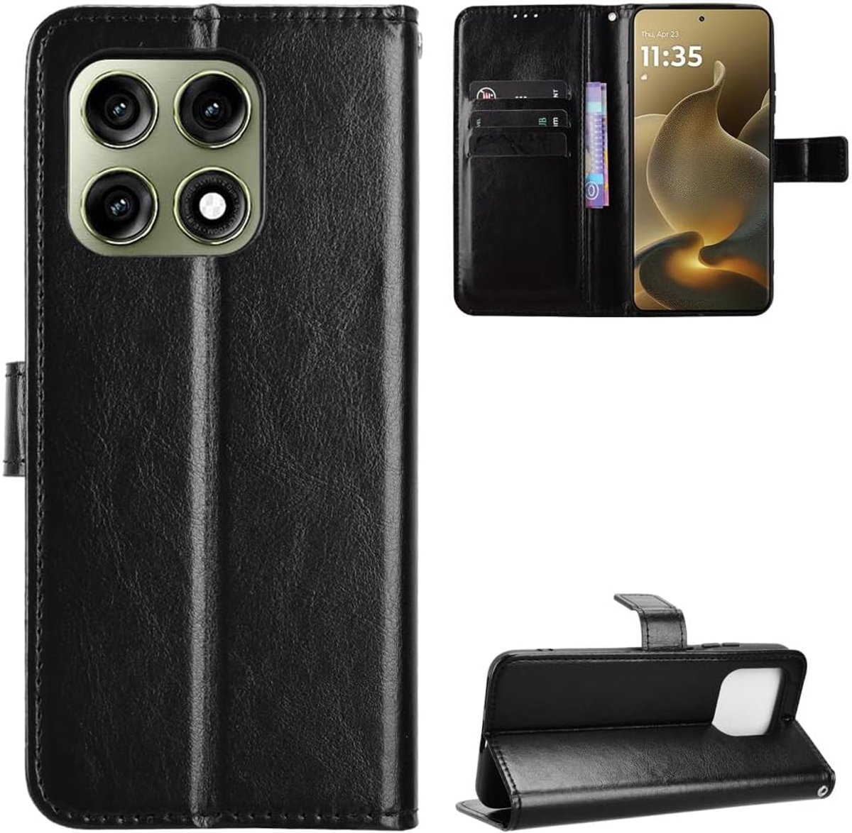 Beschermhoes voor Motorola Moto Edge 70 Pro 5G, PU-leer, klaphoes met kaartenvak, klaphoes, magneetsluiting, zwart