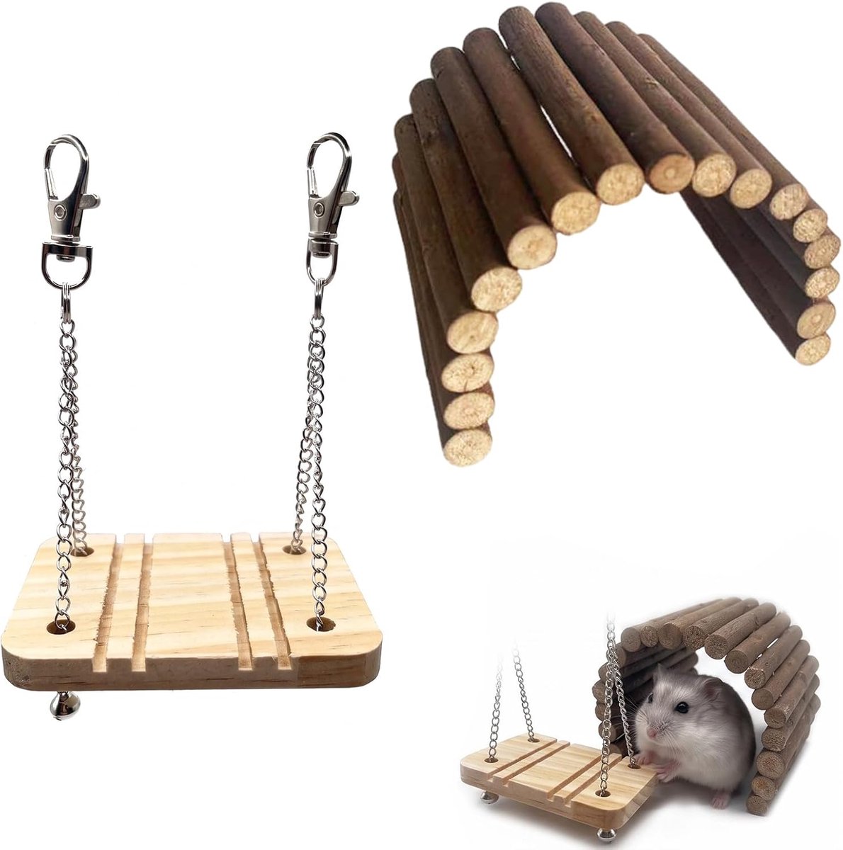 Speelgoed van hout, wilgenbrug en schommel met bel, hamsteraccessoires voor dwerghamsters, cavia's, konijnen, ratten, kauwspeelgoed, kooiaccessoires