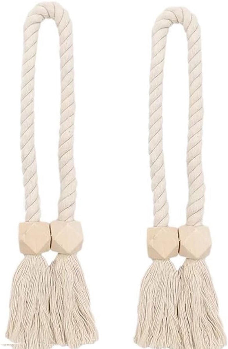 2 stuks houten kralengordijnbanden katoen handgeweven gordijnfixer kwastje magnetische gordijngespen woondecoratie geschikt voor thuis en op kantoor gordijnen (beige)