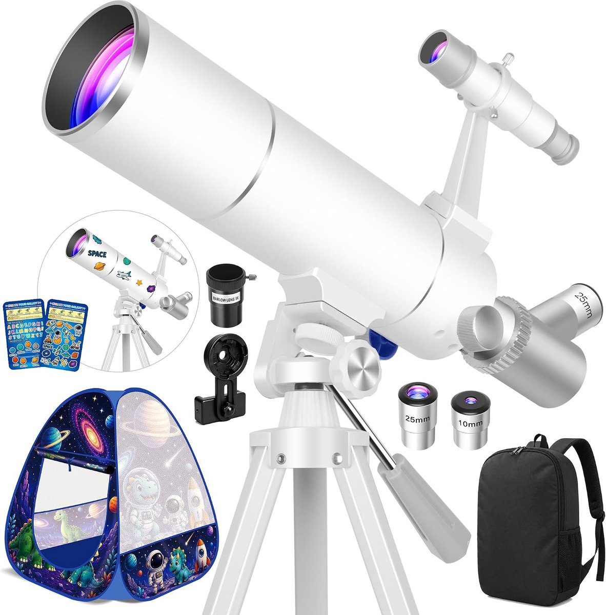 Telescoop astronomie voor volwassenen en kinderen, 80 mm opening, 500 mm refractor telescoop professioneel voor beginners, draagbare reistelescoop met pop-up tent, statief, mobiele