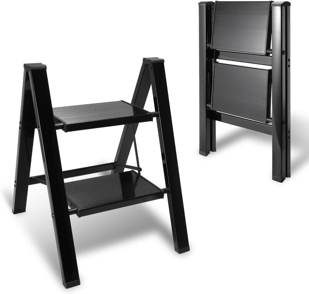 2 treden, inklapbaar, aluminium vouwladder tot 150 kg, antislip brede treden, opstapkruk voor keuken, huishouden, kantoor en garage, zwart