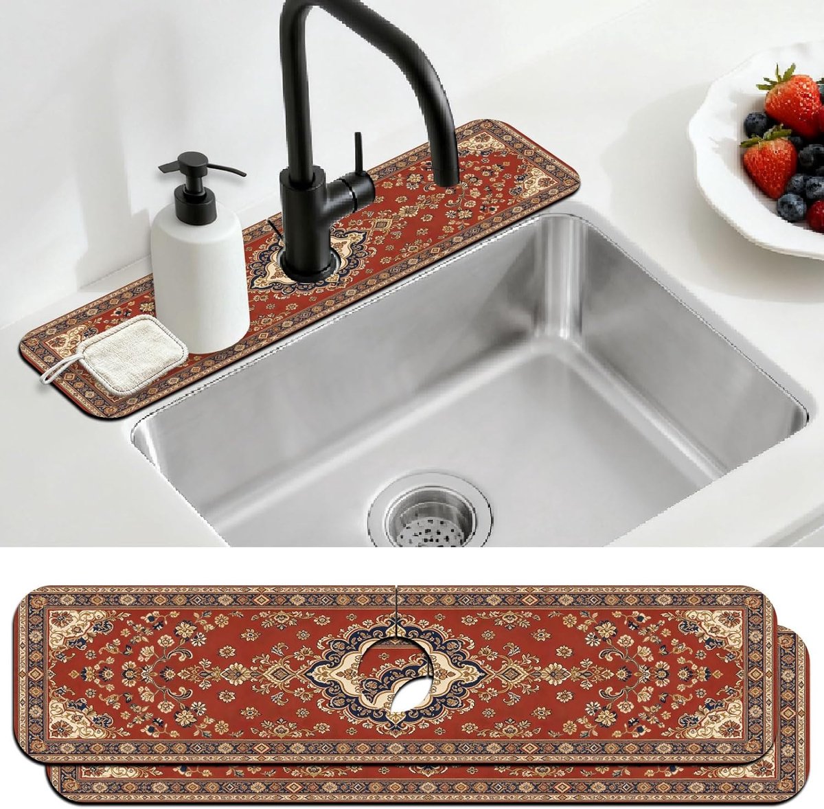 2-delige kraanmattenset van diatomeeënaarde, retro rood Boheems patroon, 60 x 14 cm, spatbescherming voor keuken en badkamer