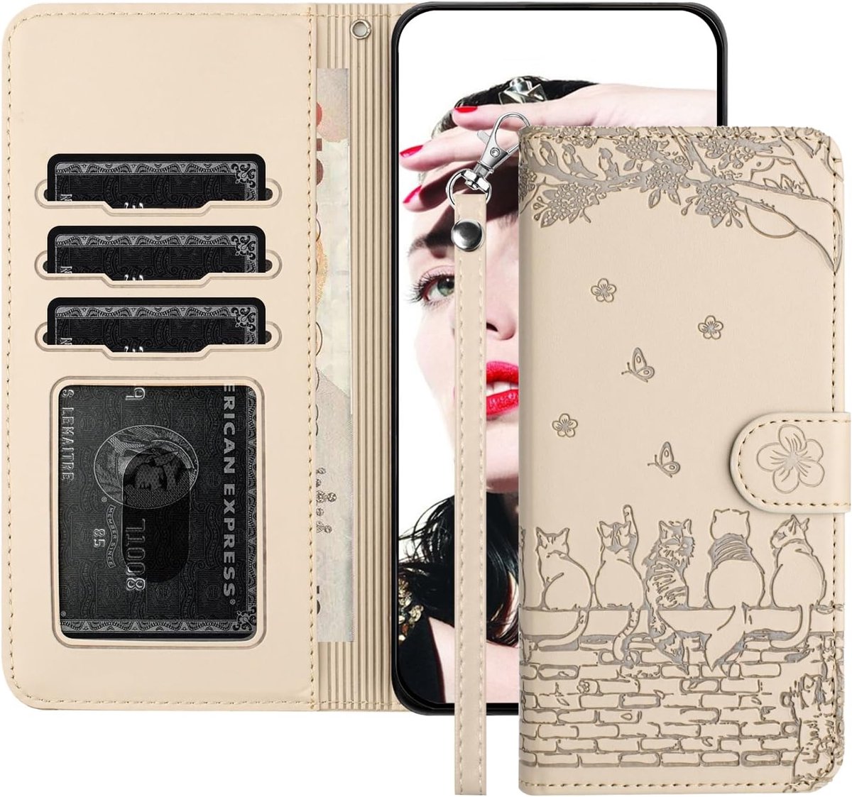 Beschermhoes voor Samsung Galaxy A16 4G/5G (6,7 inch), klaphoes, van leer, kattenmotief, kaartsleuven, magnetisch, schokbestendig, met standaard, beige