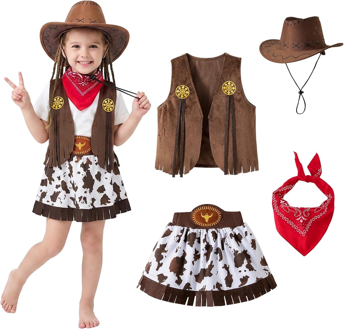 4-delige cowgirl-kostuum voor meisjes, westernkostuum voor kinderen, met cowgirl-jurk, rode bandana, vest en klassieke cowboyhoed voor carnaval, themafeest