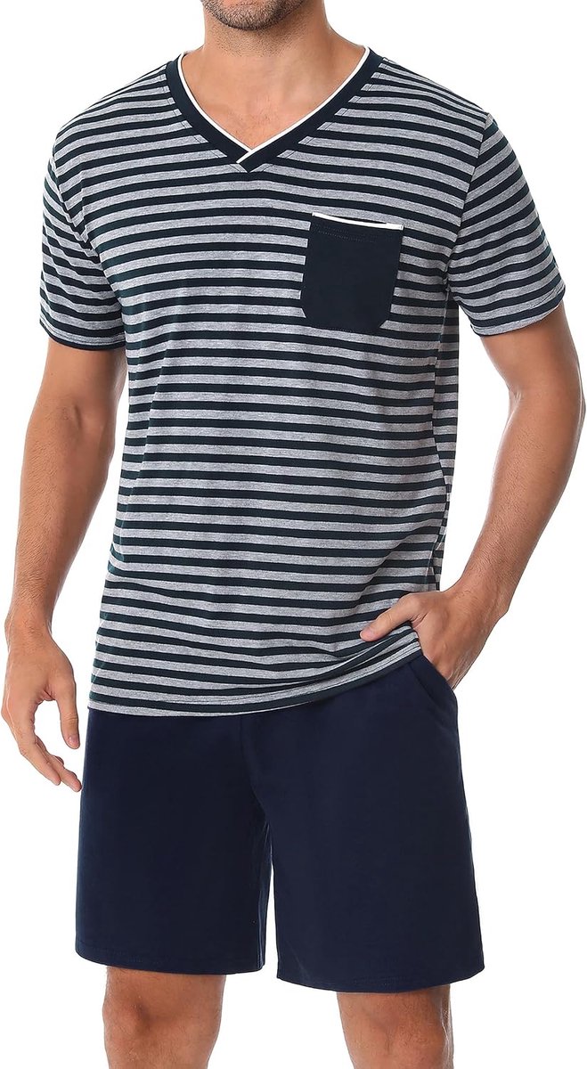 pyjama voor heren, van katoen met contrasterende strepen, zomerpyjamaset, bovendeel en korte broek, vader en partner, groen, L