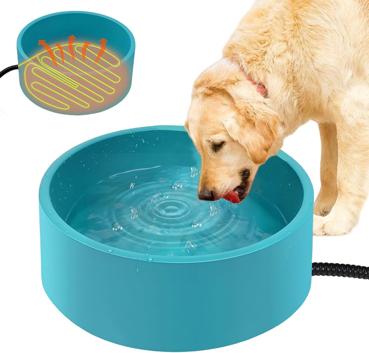Waterbak voor honden, 3,2 L Verwarmde antivries drinkbak, Verwarmde huisdierwaterbak met 200 cm anti-bijt kabel, Verwarmbare waterbak voor honden/katten/konijnen/kippen in de winter