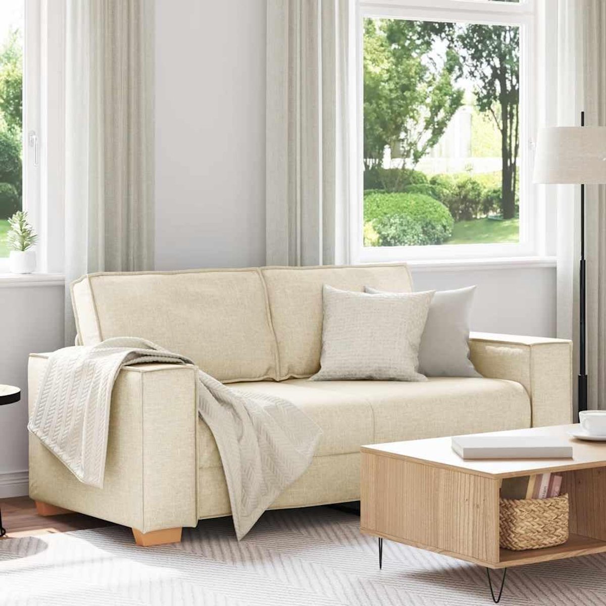 2-zitsbank 140 cm linnen stof ademend met brede armleuningen en stabiel houten metalen frame, gezellige bekleding voor woonkamer en kantoor, natuurlijke textuur