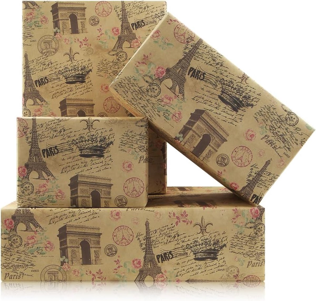 Parijs Inpakpapier, 4 vellen romantisch Frans Parijs Eiffeltoren Arc de Triomphe inpakpapier, 50 x 70 cm, Kraft Traveller Geschenkverpakking, plat gevouwen voor verjaardag of bruiloft