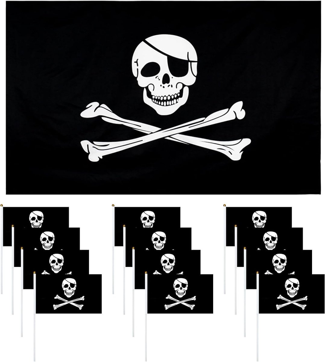 1 stuk schedel- en crossbones-vlag, 15 x 7,5 cm met metalen ogen en 12 stuks kleine One Piece vlag op draagbare stick 14 x 20 cm, eendelige vlag voor verjaardag, Halloween