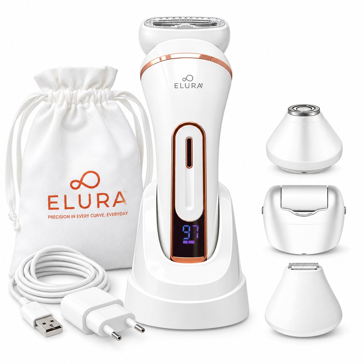 Elura® Ladyshave voor Vrouwen 4-in-1 - Scheerapparaat Dames met Bikinitrimmer voor Gezicht, Benen en Intieme Zone - Waterdicht en Oplaadbaar